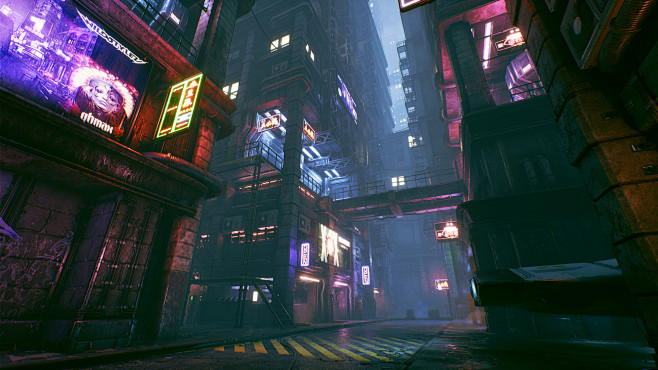 cyberpunk city alley.