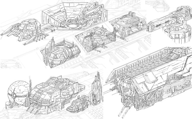 草图飞船科幻建筑线稿概念设计设计战舰