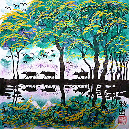 牧出牧童农村风光风景田园牧歌陕西户县农民画酒店农家乐装饰画