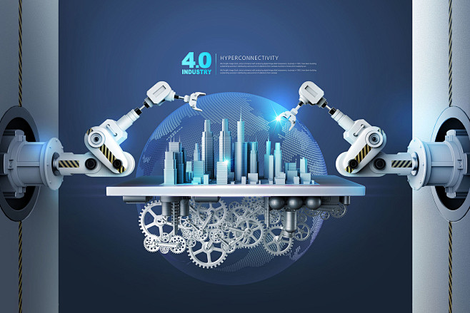 科技智能机器人地球齿轮城市建筑未来科技概念psd平面设计海报