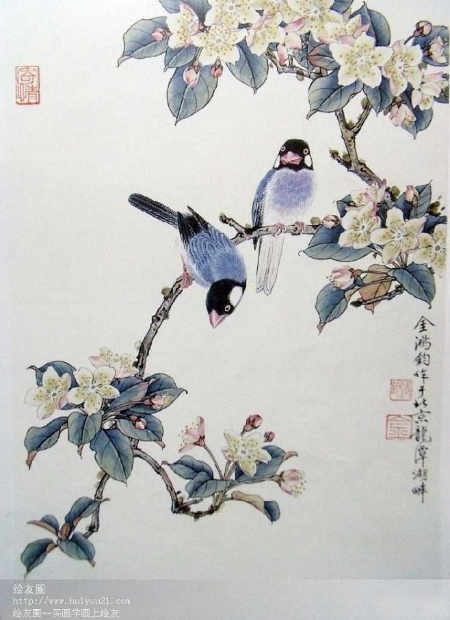国工笔画花鸟有白色花朵和小鸟