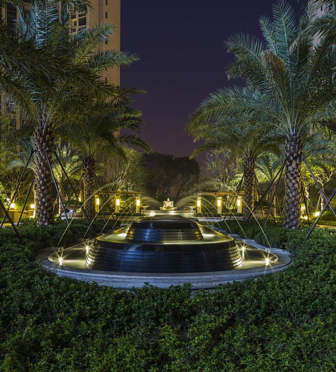 水景图 夜景深圳市中海鹿丹名苑的喷泉景观效果图夜景植物酒店景观