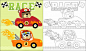 dibujos animados de animales en coche de carreras.