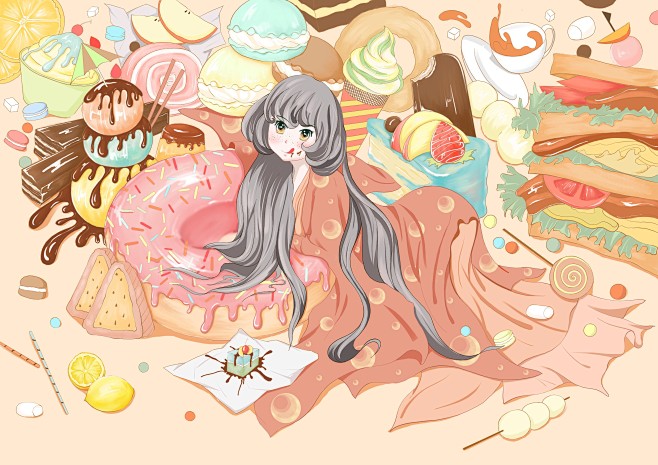 插画二次元少女美食食物