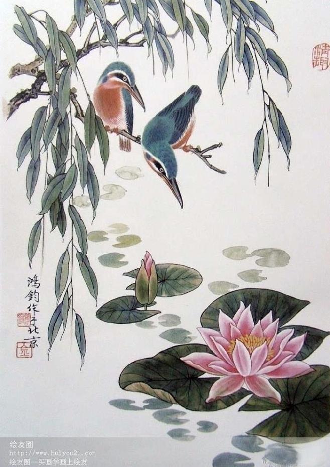 国工笔画花鸟有小鸟和荷花