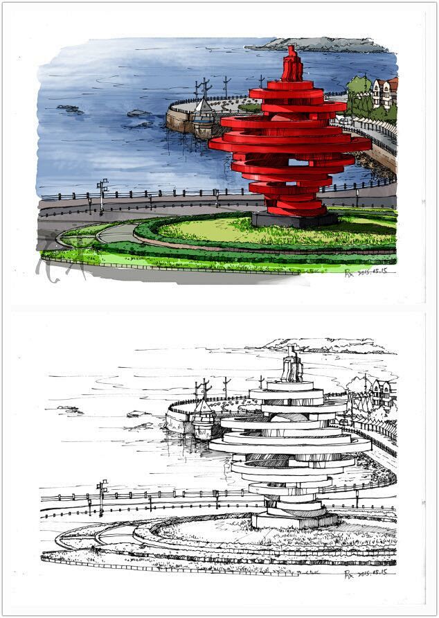溶萱手绘手绘风景明信片青岛五月的风手绘插画艺术绘画
