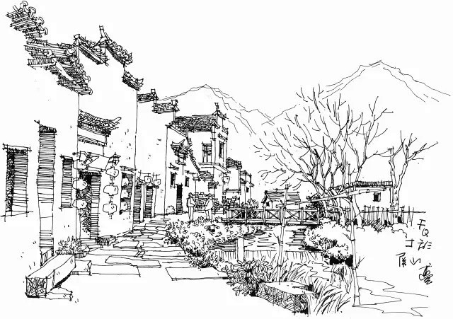 手绘写生徽州古建筑