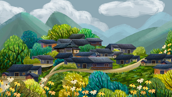 湘西风景少数民族风俗村庄大山手绘背景插画