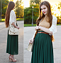 Oasap Beige Lace Top, Romwe Cream Lace Cardigan, Chicwish Darkgreen Maxi Pleated Skirt, Banggood Beige Bag, Asos Nude Leather Pumps, Brown Belt, Romwe Gold Chain Bracelet