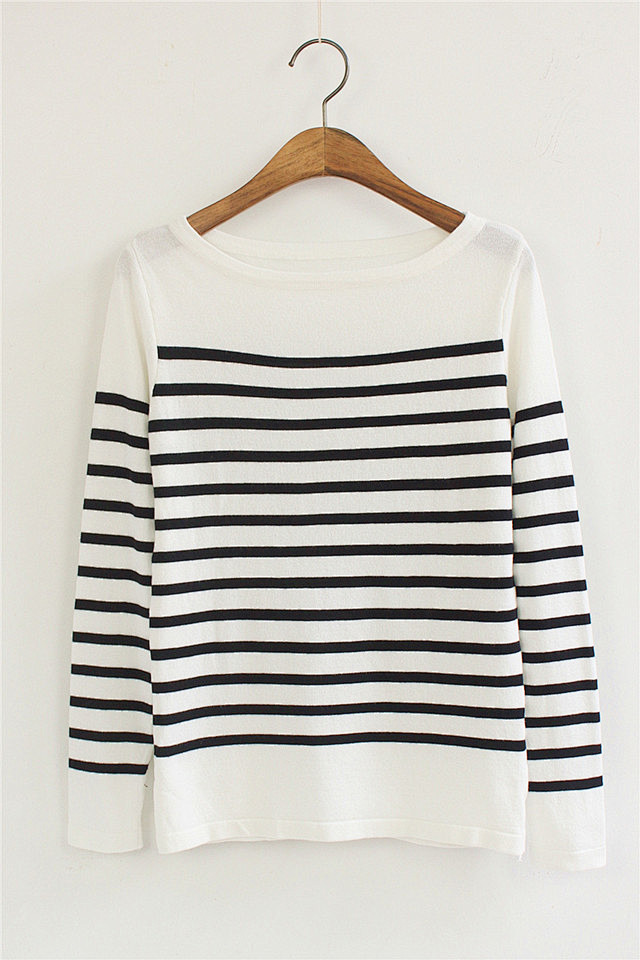百搭清新条纹针织长袖t恤