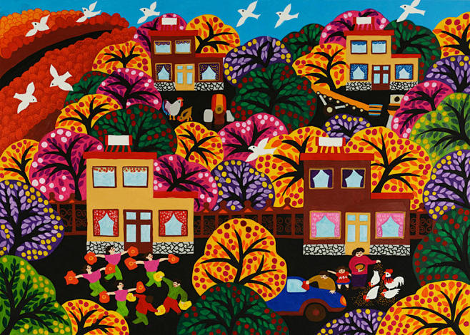 画创作此幅描绘了改革开放以来中国农村发生变化人们生活富裕喜迁新居