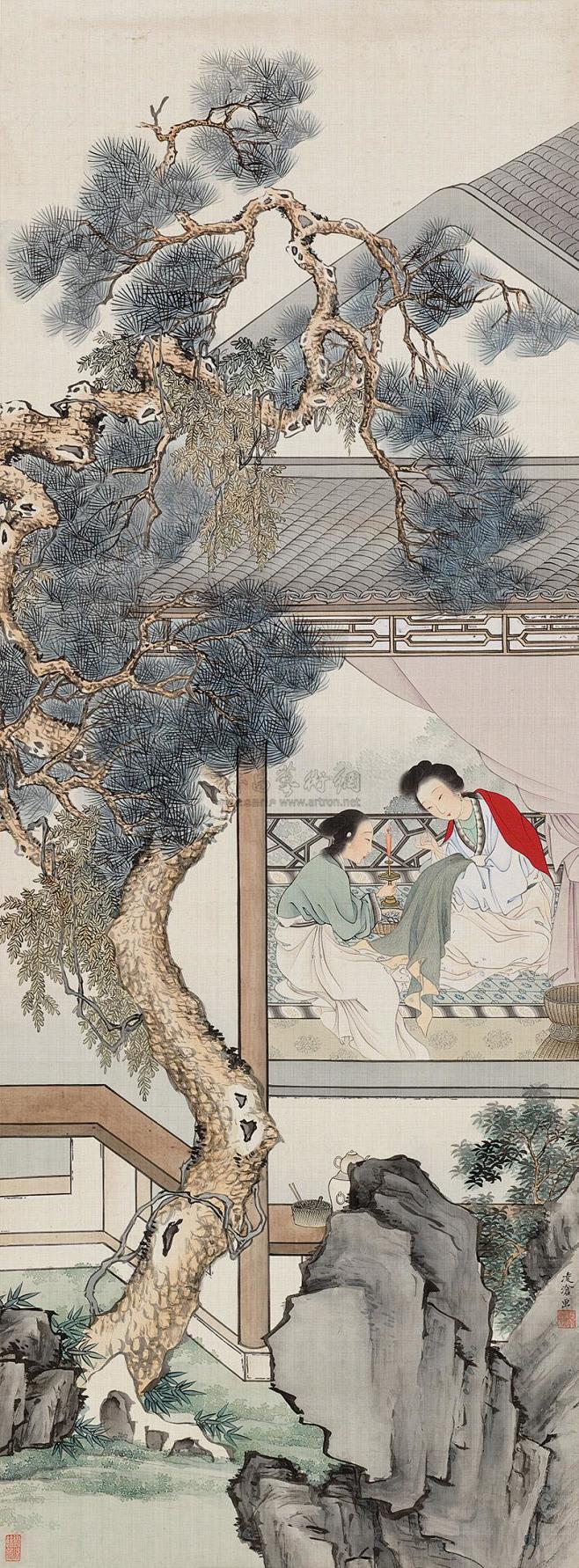 0089晴雯补裘图立轴设色绢本