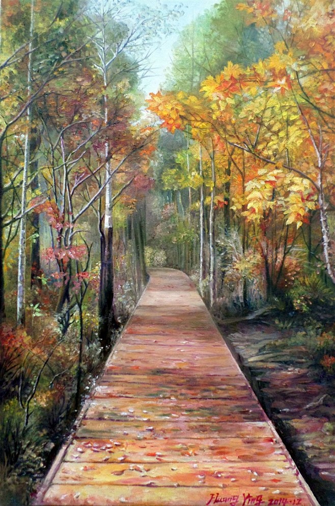 秋天枫叶走道风景油画素材