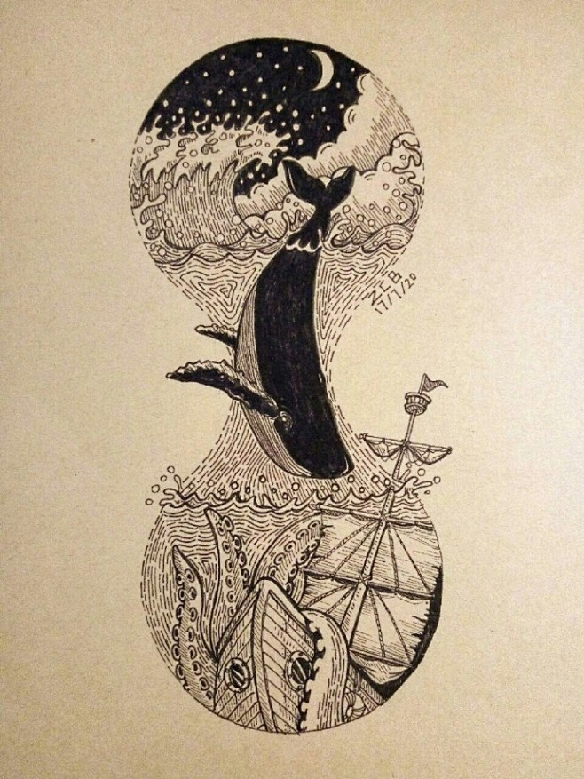 黑白插画深海系列