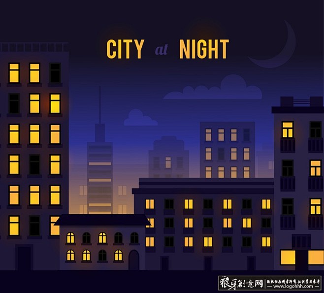 动漫城市夜晚灯光 高楼大厦建筑背景 都市夜色圆月亮插画 卡通城市