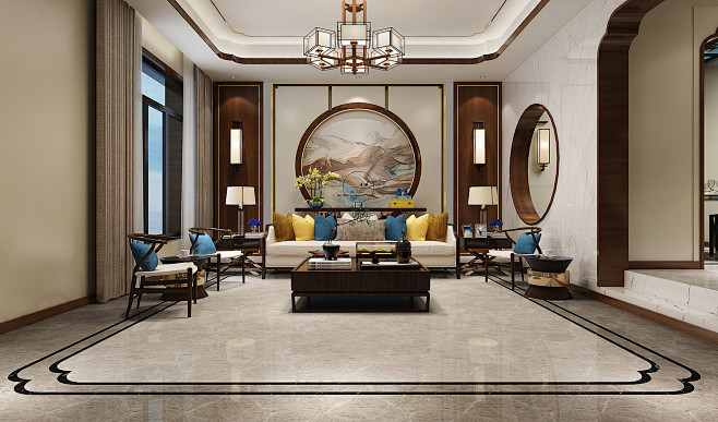 300平新新逸墅新中式风格别墅客厅装修效果图