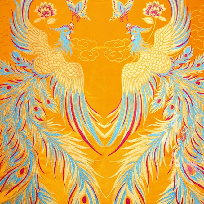 藏式绸缎贡缎云锦布料双凤蝴蝶旗袍礼服婚庆服装中国风丝绸缎面料淘宝