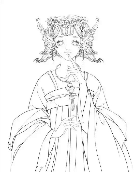 黑白线稿唯美古风美女白描线稿