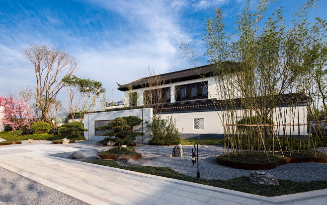 新中式 展示区 一石三山 园路 景墙 枯山水 植物 江南院子 景观设计