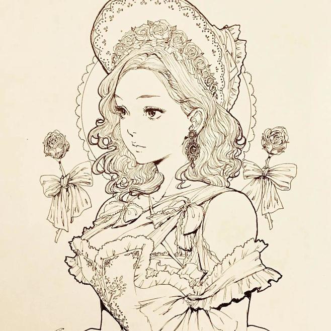 黑白线稿插画线稿哥特式线稿哥特式风格美少女线稿素材