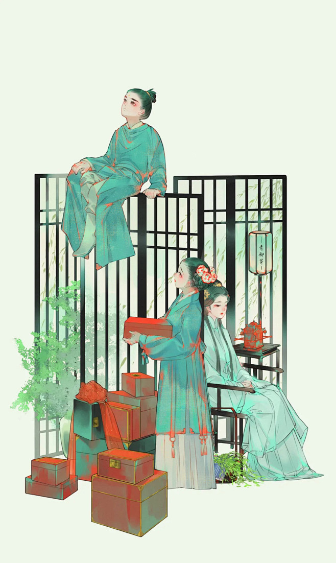 插画饱和度很高的红配绿国风插画用色简直神仙