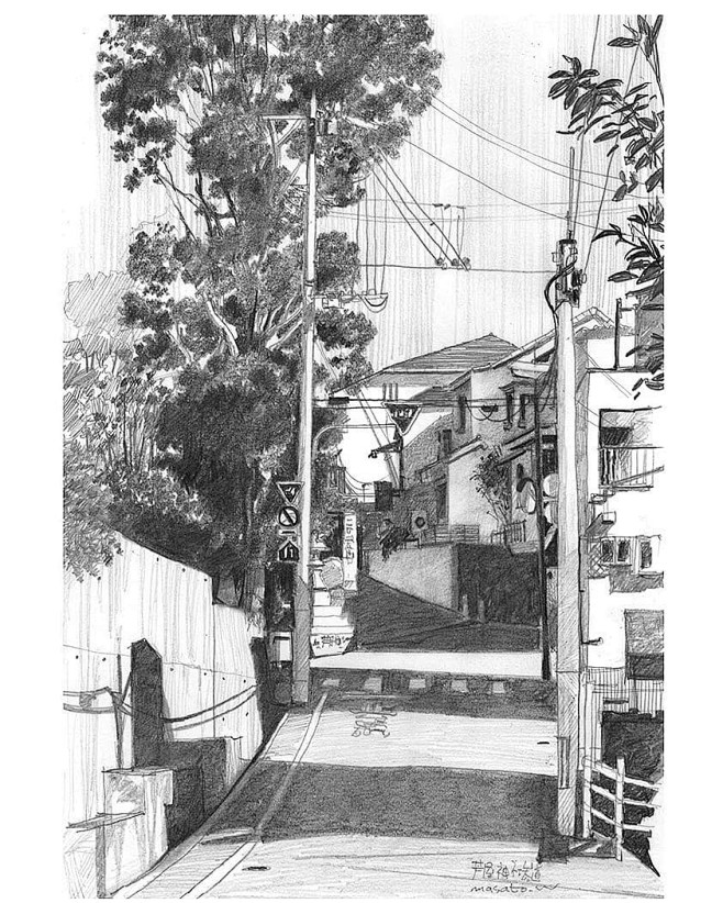 组他创作的铅笔速写大部分为街景黑白色调给人一种日本漫画场景的感觉