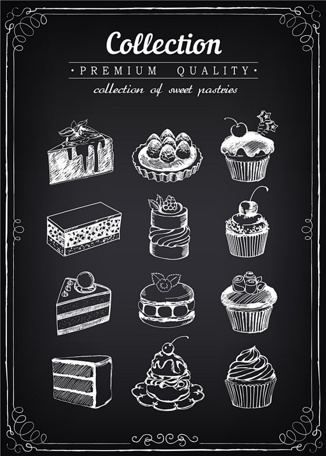 手绘线描粉笔蛋糕情人节时尚素描粉笔画酷炫蛋糕冰淇淋雪糕生日礼物