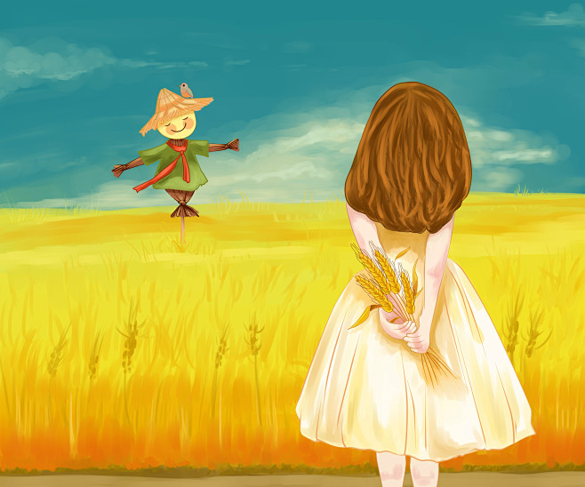 24节气秋收丰收穿裙子的女孩稻草人插画金黄色的麦田立秋芒种