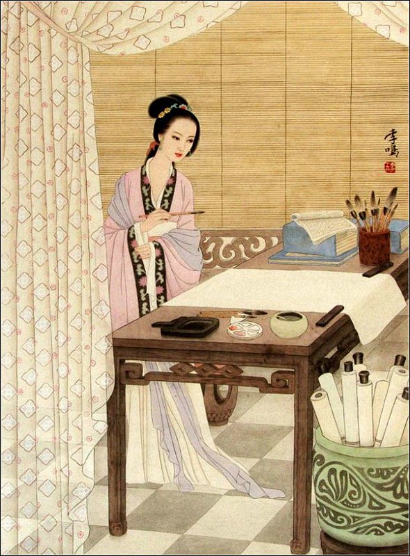 绘画古装美女闭月羞花