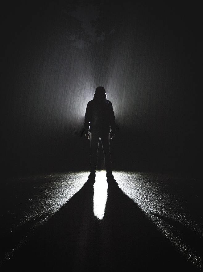 站立在路的人剪影在雨期间