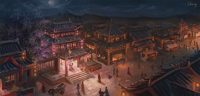 古代街道古代夜市大场景