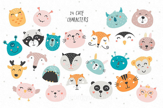 可爱动物宝宝笑脸剪贴画图案素材合集包animalsmilesbabycharacters