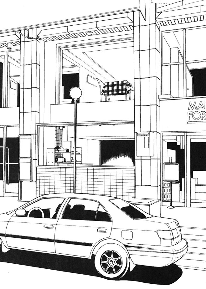 现代建筑场景线稿图片黑白cg二次元漫画背景参考城市街道背景线条