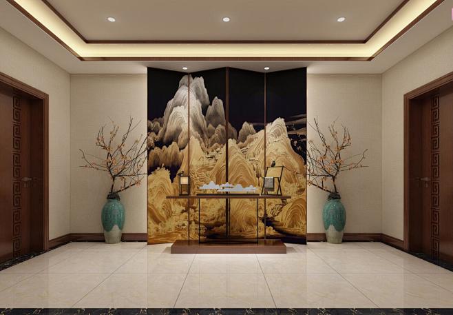 山水画千里江山图壁画背景墙酒店大堂大厅立体浮雕金色金箔手绘隔断