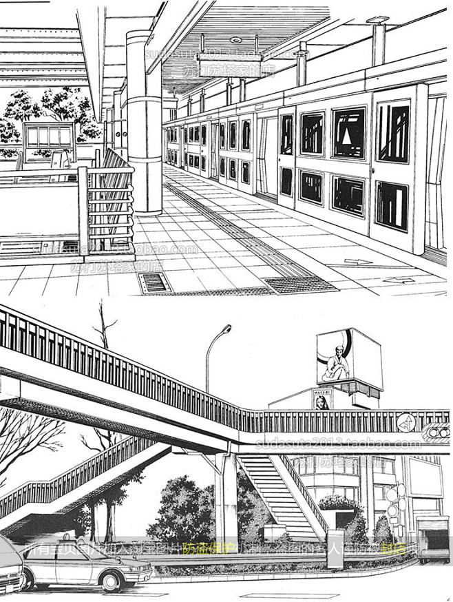 105张现代建筑场景线稿图片黑白cg漫画背景城市街道背景学校大厦淘宝