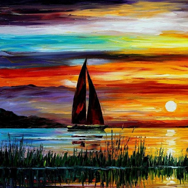 23#sunset paintings leonid afremov #sailboats oil painting油画