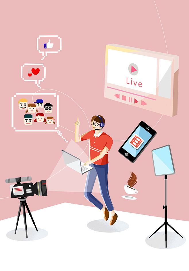 直播帅哥自拍直播手绘人物现代生活插画插图设计psdti079a9401