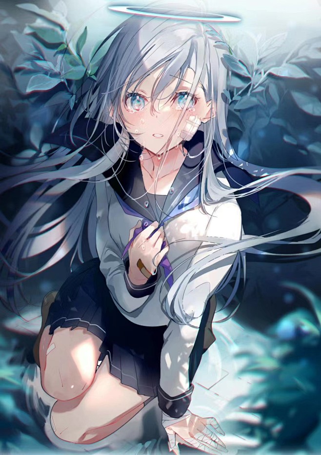 少女水手服光影俯视白发病娇水光环