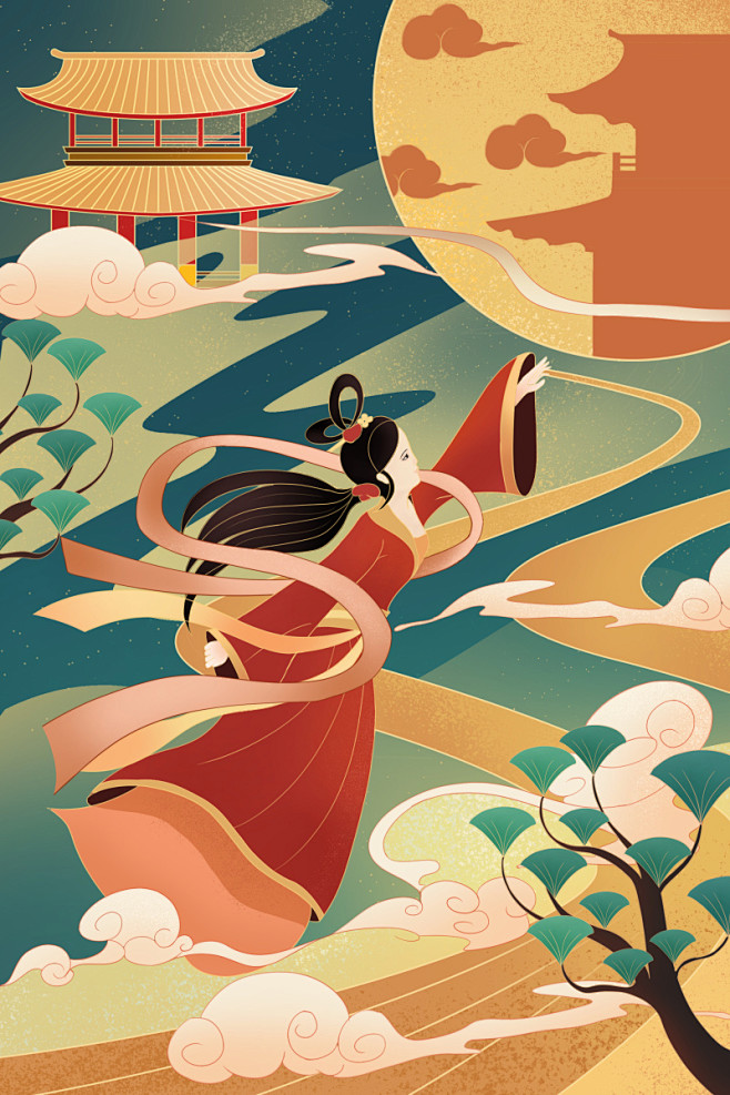 中国风线描中秋节嫦娥奔月插画