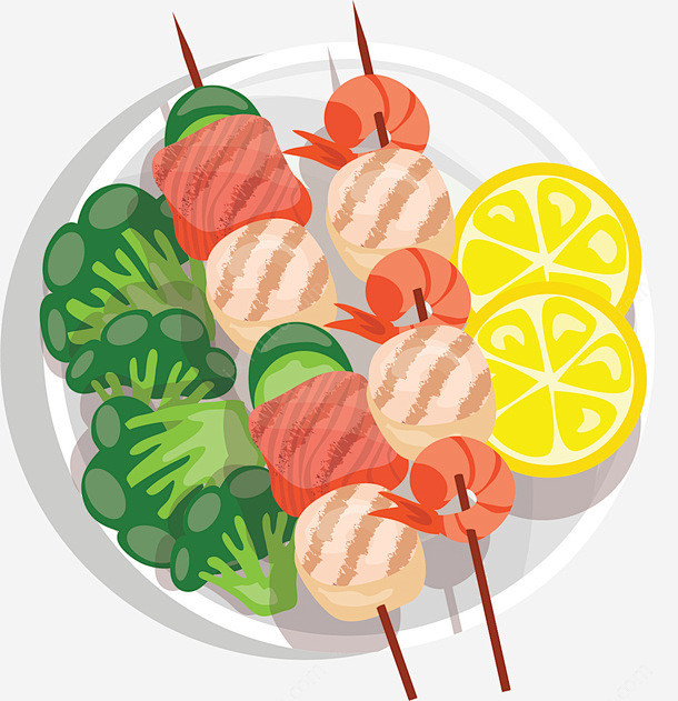 卡通创意烧烤装饰插画高清素材 柠檬 烤串 烧烤 烧肉 肉制品 西兰花 