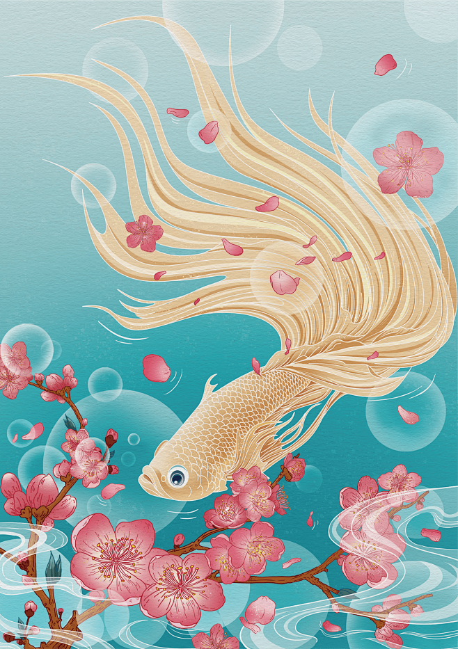 唯美国潮手机壳插画春夏秋冬花与鱼