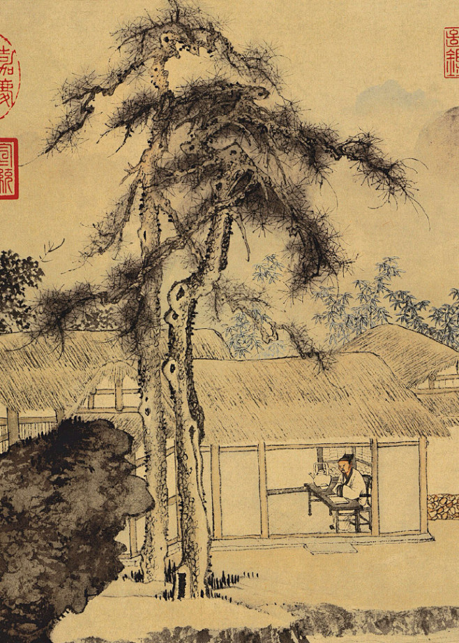 唐伯虎唐寅事茗图卷此作中描绘出幽静宜人的理想化的生活环境透过画面