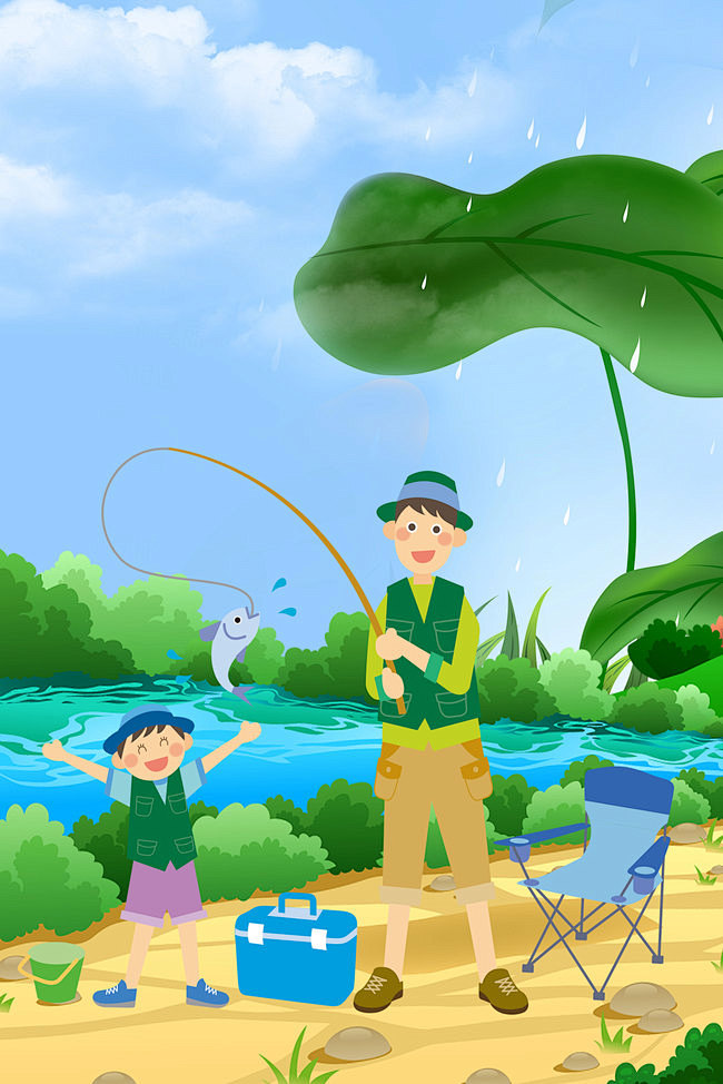 蓝色清新手绘父亲节钓鱼的父子插画