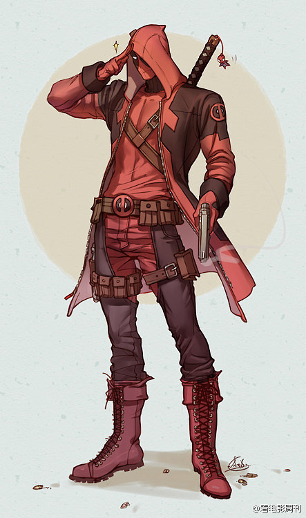 欣赏网友axis创作漫威超级英雄之小红帽系列集结三位红衣男死侍夜魔侠