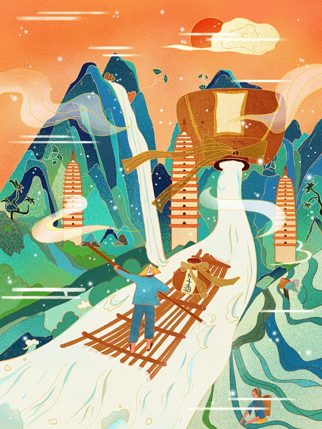 云南城市大理崇圣寺三塔划船旅游景点新中式中国风插画cosmos宇宙君