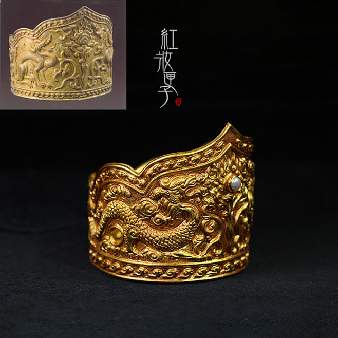 红妆匣子原创复古手工錾刻双龙金冠古风头冠男子束发冠汉服配饰淘宝网