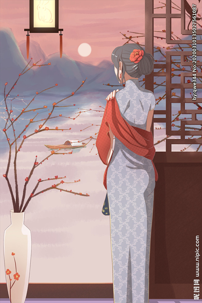 优雅旗袍美女背影插画
