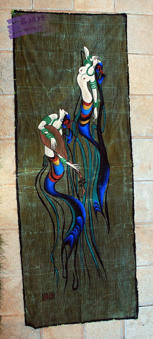 贵州少数民族蜡染画壁挂布苗族手绘重彩画民族风装饰画双飞天包邮淘宝