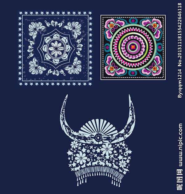 苗族头饰蜡染刺绣花纹