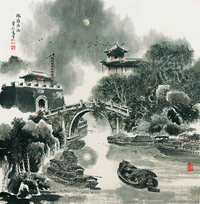 曹仁容水墨山水画江南园林